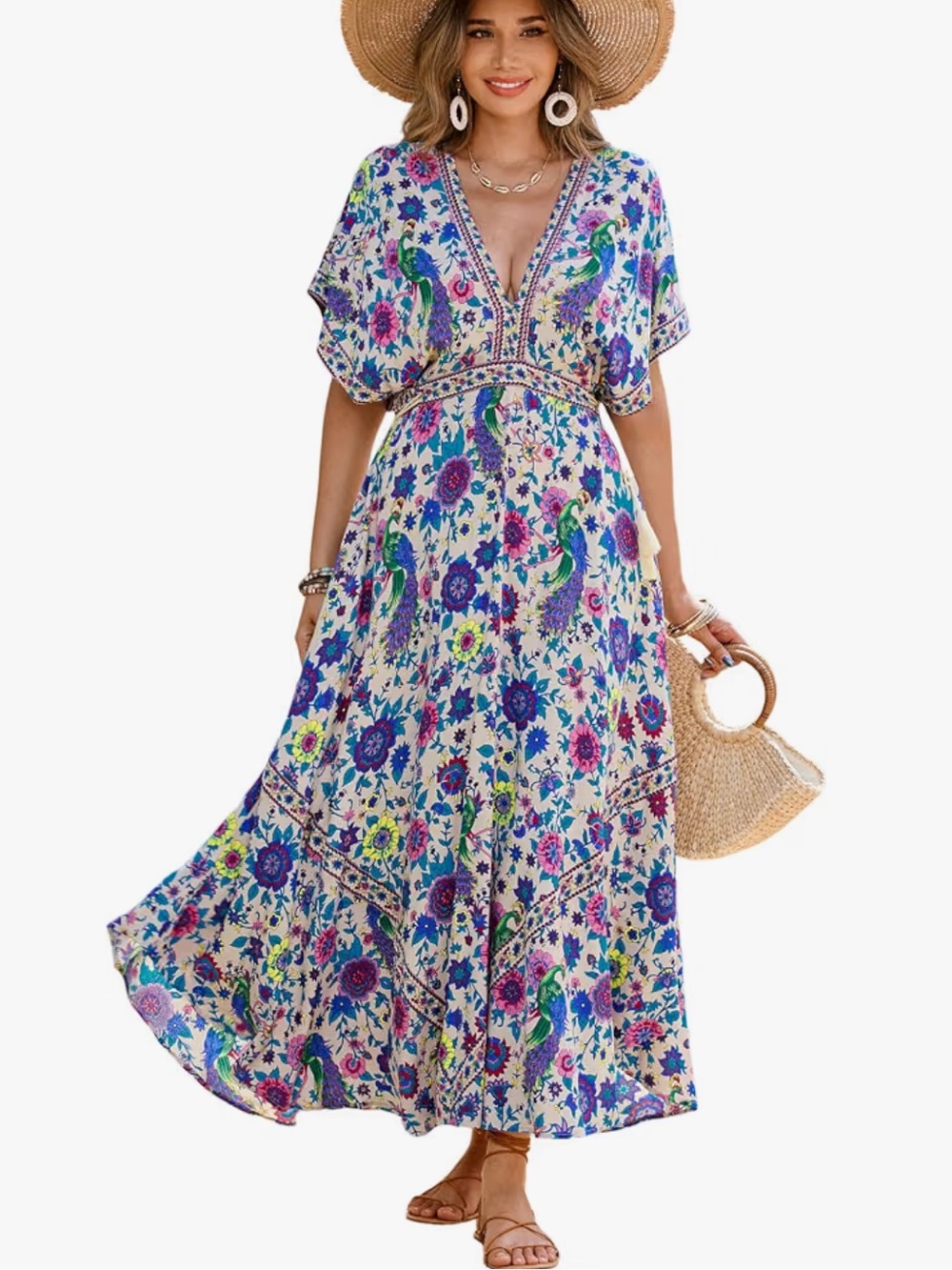 Beautiful V-Neck Maxi Dress with Peacocks & Floral Accents
